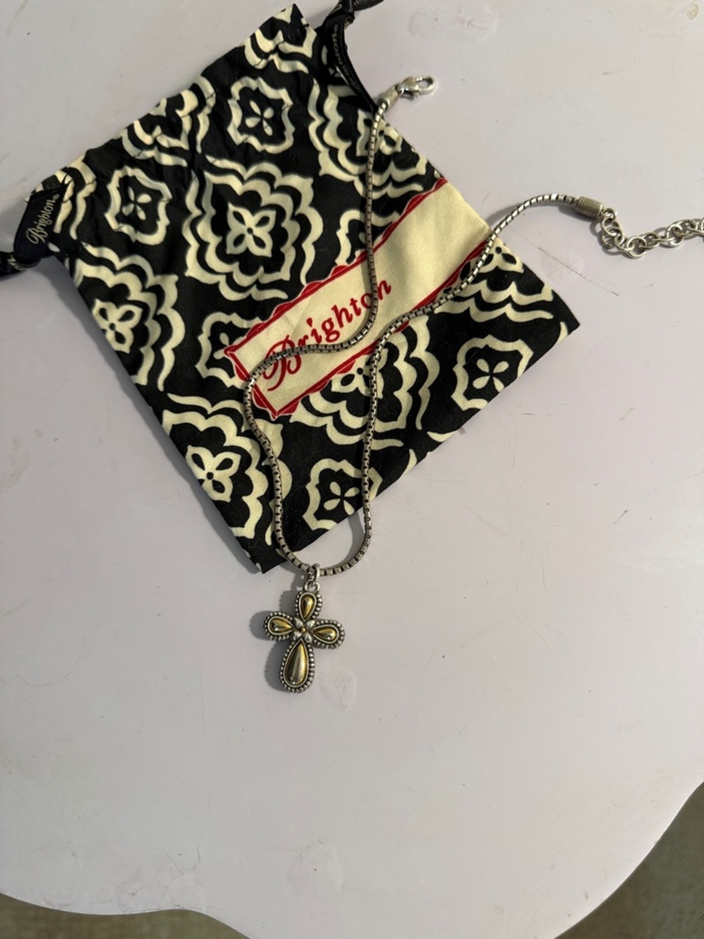 Brighton Silver-Tone Cross Pendant Necklace with Black & Cream Pouch